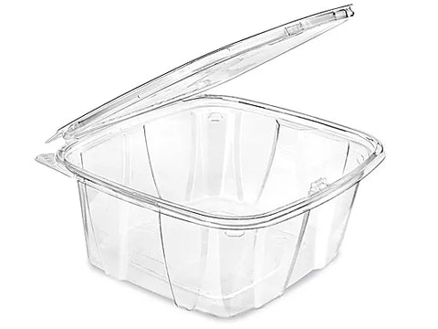 64OZ CRYSTAL SEAL HINGED DELI CONTAINER WITH FLAT LID.